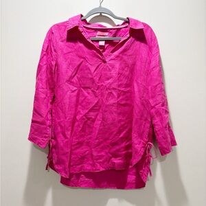Isaac Mizrahi Hot Pink Collared Split-Side Tie Popover Shirt Linen Beach Relax M